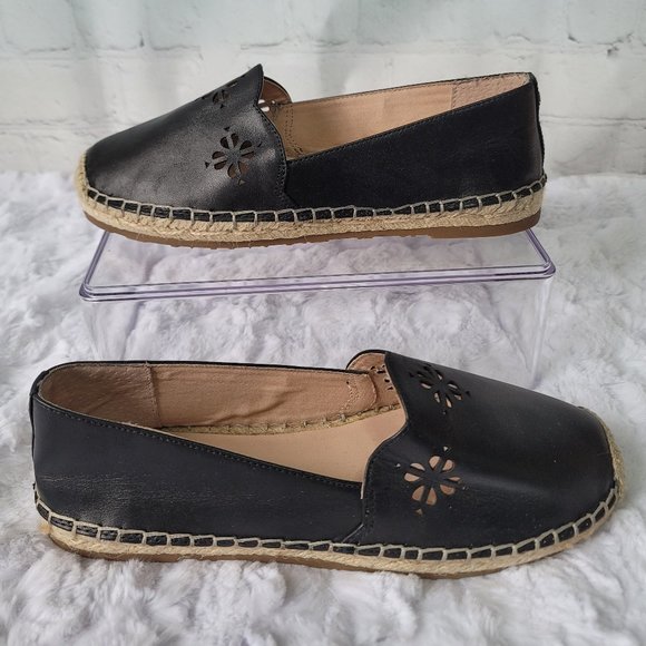KATE SPADE Espadrille Gillian Black Leather Flats Slip On Laster Cutout Size 7 - Picture 6 of 12